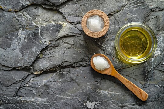 Measuring coconut oil in glass jar on slate rock background