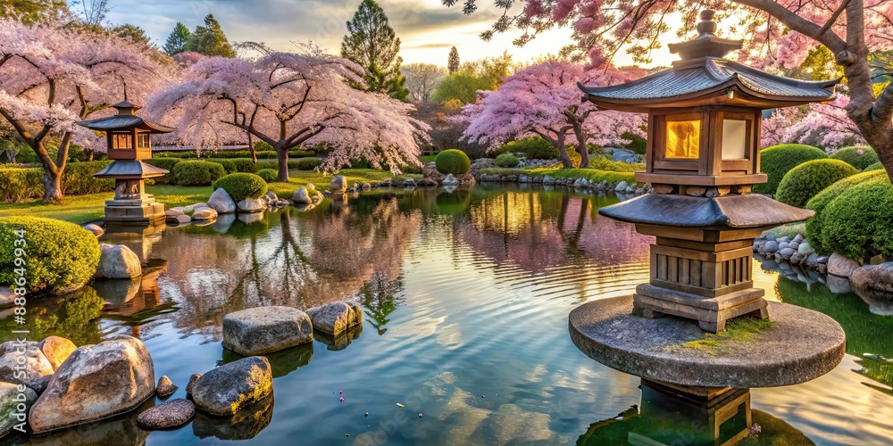 Wall mural Serene Japanese tea garden featuring cherry blossoms, stone lanterns, and tranquil pond , spring