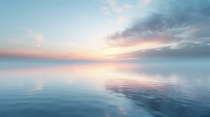 A tranquil scene of a pastel-colored sunset reflecting softly on the calm ocean, with gentle clouds enhancing the serene and ethereal atmosphere