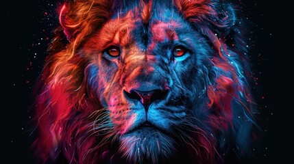 Psychedelic Lion Head Illustration in Colorful Portrait Style on Black Background 