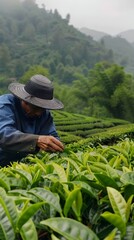 Worker harvesting tender tea shoots in a traditional tea field