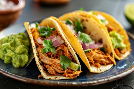 Mexican chicken tinga tacos with guacamole and onion on a dark background