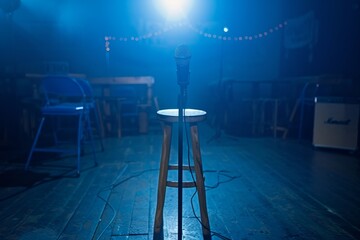 Mic on wooden stool on comedy stage with bright lights high contrast image