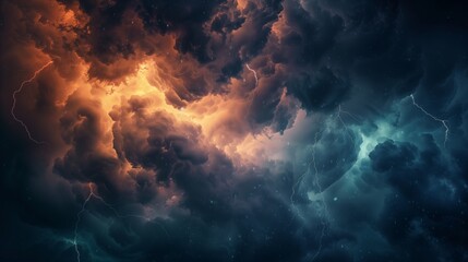 A powerful scene of storm clouds illuminated by vibrant lightning and the warm glow of a setting sun, creating a dramatic and captivating sky