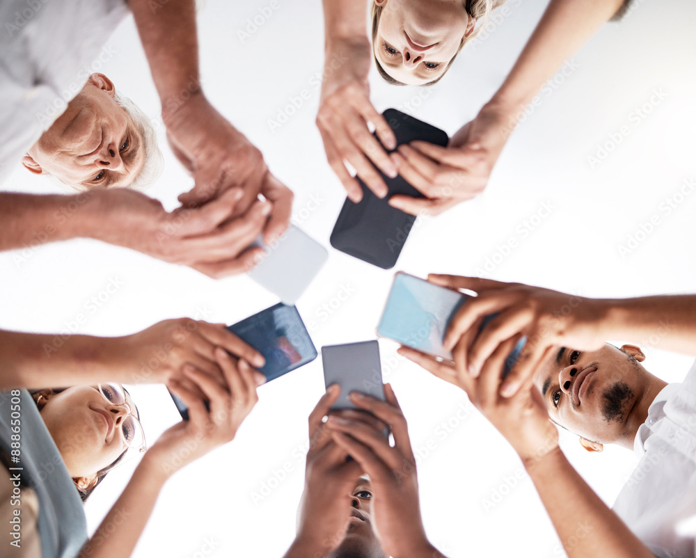 Leinwandbilder office, circle and hands of business people with phone for communication, collaboration or networkin