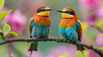 Fototapeta premium European Bee Eaters Perched on Tree Branch