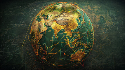 A close up of a globe with lines and dots tech background. globe close-up, tech background, globe with lines and dots, global network, digital globe, technology background, data visualization,