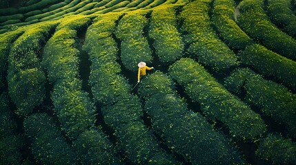 Fototapeta premium Worker harvesting tender tea shoots in a traditional tea field