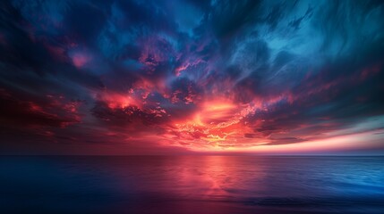 Obraz premium A breathtaking view of a vibrant sunset over the ocean, with dramatic clouds painted in vivid hues of red, pink, and blue reflecting on the calm waters