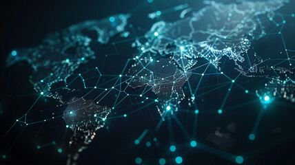 Obraz premium A close up of a globe with lines and dots tech background. globe close-up, tech background, globe with lines and dots, global network, digital globe, technology background, data visualization,