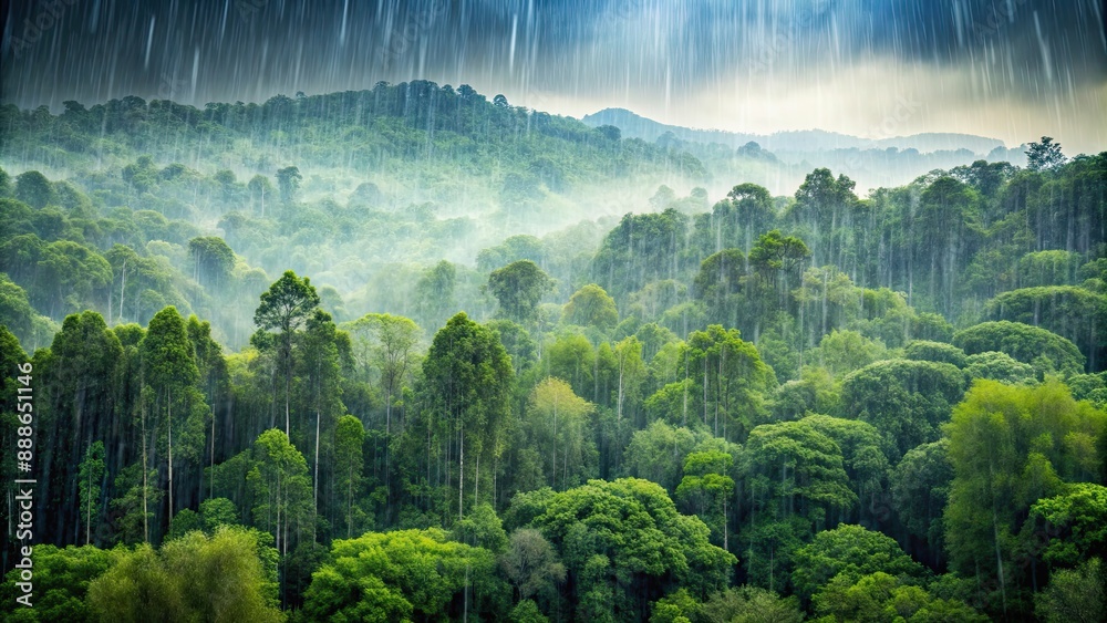 Poster Dense forest landscape during a rain shower, forest, rain, nature, lush, green, trees, foliage, tranquil, serene, peaceful