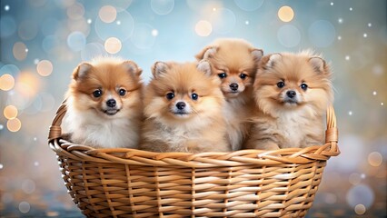 Obraz premium Adorable Pomeranian spitz puppies sitting in a basket with bubbles in the background, Pomeranian, spitz, puppies, basket, cute