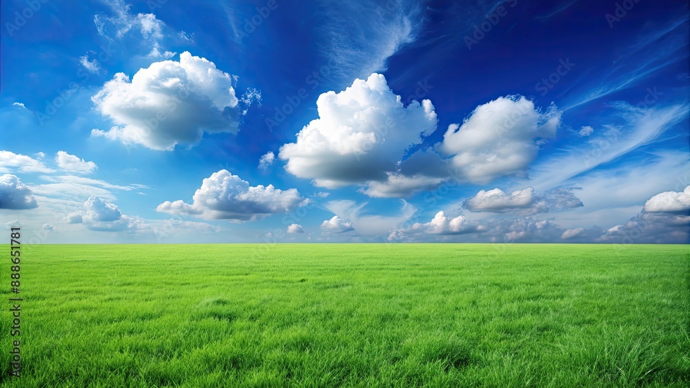 Canvas Prints Green grass lawn under a clear blue sky with fluffy clouds, green, grass, lawn, blue sky, clouds, nature, outdoors, scenery