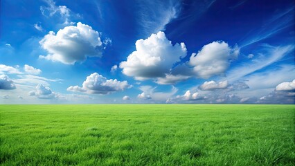 Obraz premium Green grass lawn under a clear blue sky with fluffy clouds, green, grass, lawn, blue sky, clouds, nature, outdoors, scenery