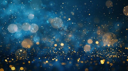 Fototapeta premium Dark blue background with sparkling gold particles and bokeh lights. holiday concept The background has a gold foil texture.