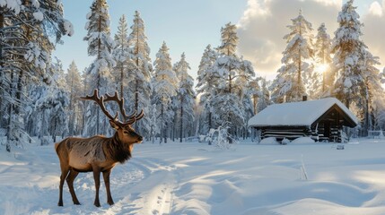 Obraz premium Noble deer in winter forest in Finnish Lapland Against the background of a forest hut covered with snow