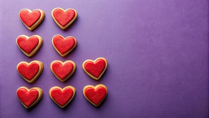 Fototapeta premium Red heart shaped cookies on a purple paper background, flat lay, Valentine's Day, love, heart, cookies, festive, romantic