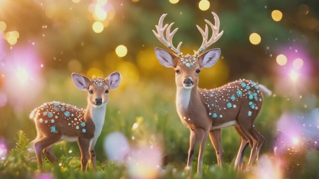 Two deer decorated for Christmas. Generated by AI