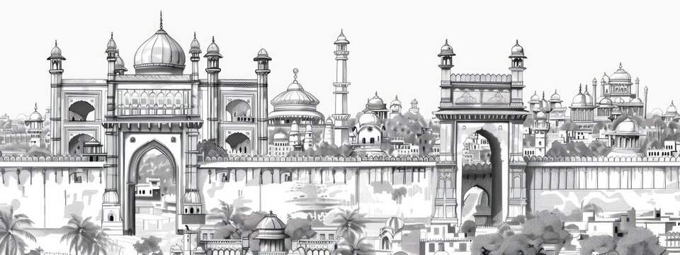 Indian city landscape, Sketch illustration.