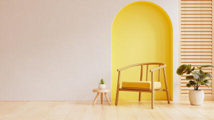 Living room with a vibrant yellow accent wall features a modern wooden chair with matching cushions- 3D rendering