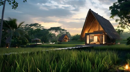 Bamboo in a Southeast Asian rice field, offering a unique and relaxing dining experience with sustainable energy and rooftop views
