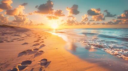 Path in the sand to the ocean on the beach at sunrise or sunset. beautiful natural scenery
