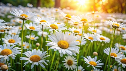 Field of blooming daisies in a lush garden, daisies, flowers, garden, nature, blooming, petals, white, green, field, beauty