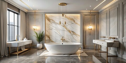 Fototapeta premium Sleek bathroom featuring a luxurious freestanding tub and elegant marble decor, bathroom, sleek, freestanding tub