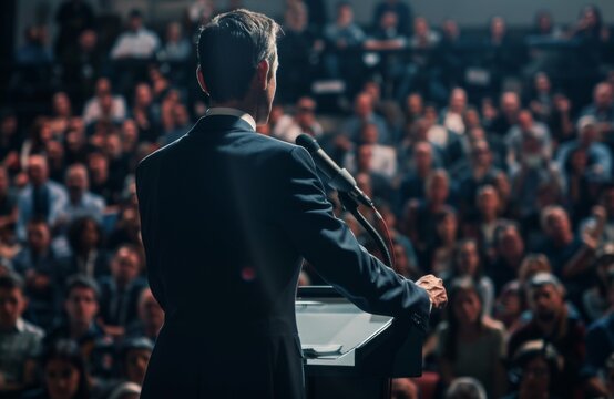 Eloquent Politician Commanding the Stage with Charisma and Eloquence, Demonstrating Leadership and Oratory Skills in a Political Debate to a Captivated Audience.