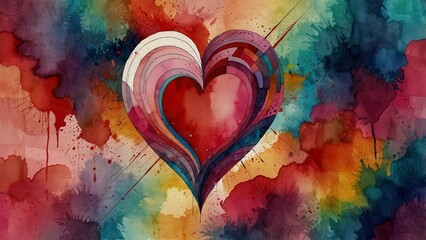 A hand-drawn abstract composition with a heart background, bold lines and shapes, vibrant color splashes, and interwoven geometric and organic forms. The heart is central, filled with intricate patter