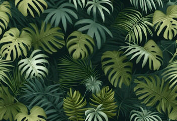 Close-up of lush green tropical leaves with sunlight filtering through, creating a serene and natural atmosphere. A vibrant tropical foliage background featuring various green leaves and plants.