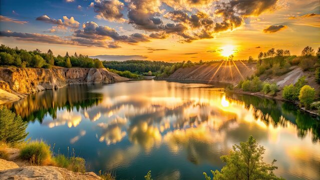 Golden sunset over the Laupheimer quarry lake, sunlight, reflection, water, nature, landscape, tranquil, serene, calm