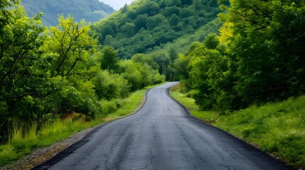 Fototapeta premium Countryside asphalt road surrounded by green foliage and rolling mountains