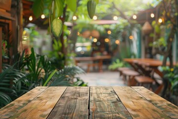 Rustic Wooden Table in Lush Outdoor Café Setting
