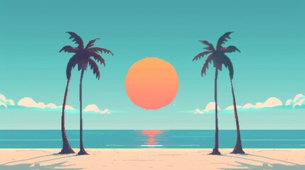 Obraz premium Futuristic Glitch Pixel Art Beach Scene, Vibrant 2D Backgrounds for Mockup