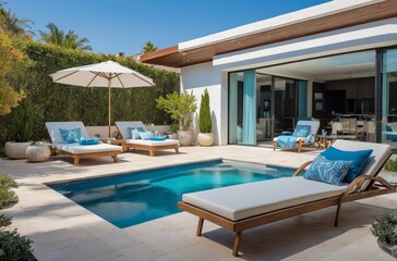 Fototapeta premium Modern minimalist backyard oasis with swimming pool loungers and white umbrella
