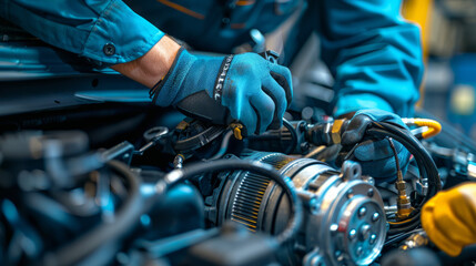 Obraz premium Mechanic fixing a car's air conditioning system, climate control maintenance.