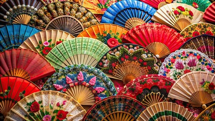 Naklejka premium Spanish souvenir hand fans with flamenco images, Abanicos de Sevilla, souvenir, hand fan, Spanish, flamenco, Spain, traditional