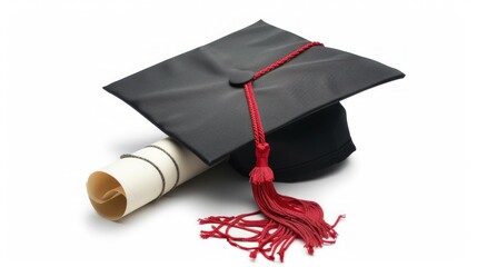 Black graduation cap with tassel and diploma on white background isolated on white.