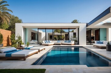 Contemporary poolside oasis with serene ambiance modern furniture and lush greenery