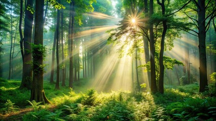 Obraz premium Sunlight streaming through lush forest, sunlight, forest, trees, nature, green, bright, vibrant, foliage, tranquil, peaceful