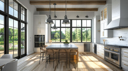 Obraz premium 3d rendering white modern design kitchen. 3D rendering kitchen, white modern kitchen, kitchen interior design, 3D kitchen model, modern kitchen, white kitchen design, kitchen rendering,