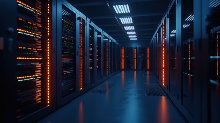 Modern Data Center with Rows of Server Racks and Glowing LED Lights in a High-Tech Environment