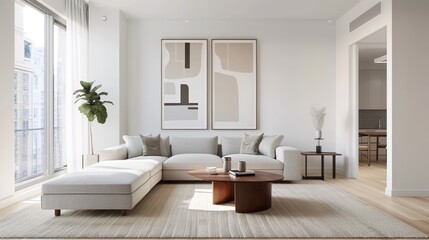 Fototapeta premium Modern Minimalist Living Room with Neutral Tones and Contemporary Decor in a Bright Apartment
