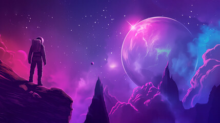 Obraz premium Game space planet with neon color and galaxy background, Illustration