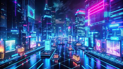 Futuristic cityscape with neon lights and digital displays , neon, cyberpunk, futuristic, street, cityscape, technology, urban