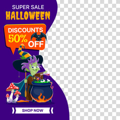 Halloween sale banner template with funny witch and magic potion cauldron, vector frame with transparent background. Halloween holiday promo discount banner or shop window sticker with witch character