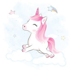 Cute Unicorn on the cloud, cartoon animal watercolor illustration