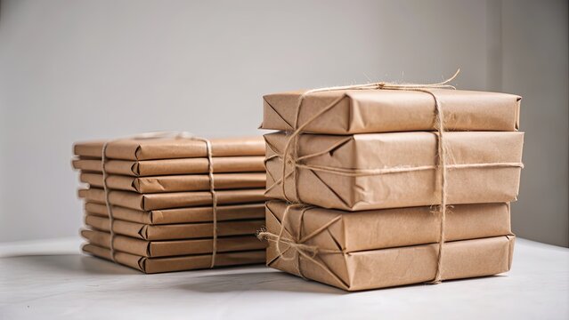 Brown paper wrapped packages stacked against a light background, Brown paper, packages, stacked, background, wrapping