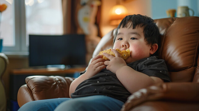 fat kid eating snack in living room